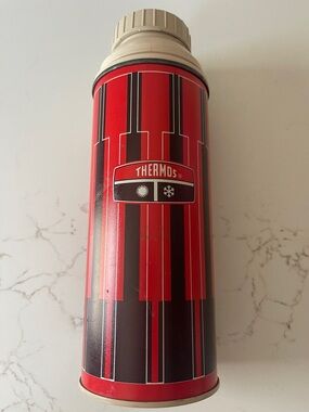 1971 Vintage Thermos Red and Black Graphic Insulated Bottle with Cream Cap